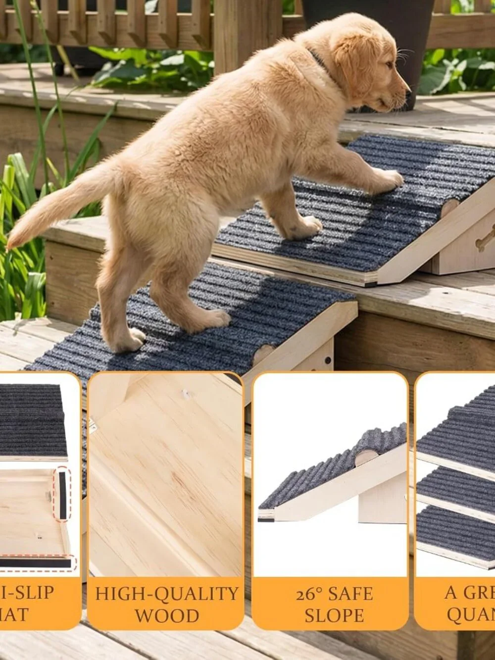 3 Pack Wooden Dog Ramp for Stairs,Friendly to Short-Legged/Small/Injured